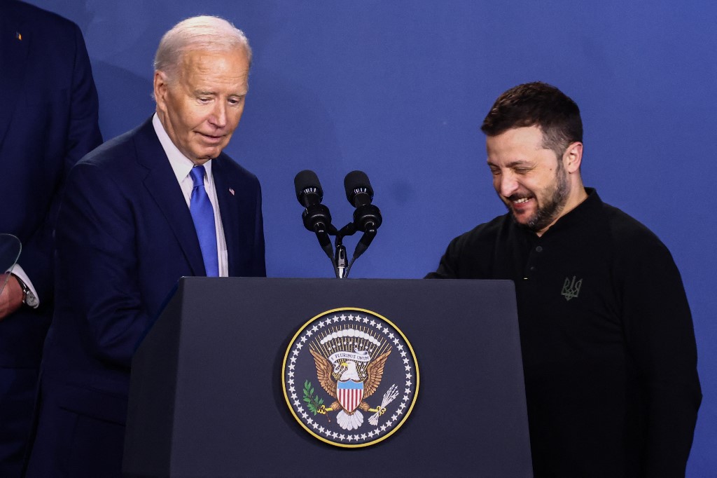 Joe Biden és Volodimir Zelenszkij közös sajtótájékoztatón