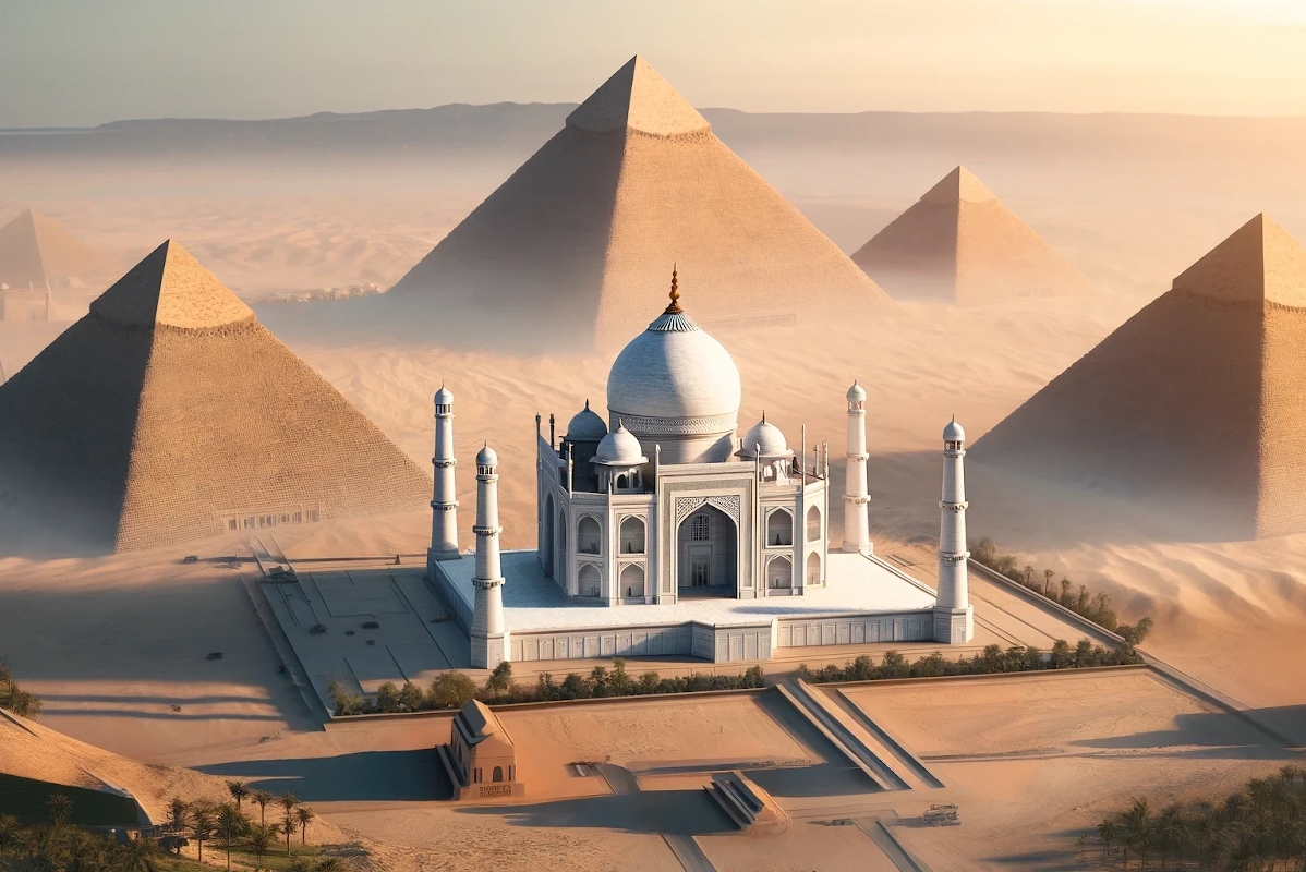 Egy fantáziakép, amelyen egyszerre láthatóak az egyiptomi piramisok és a Tadzs Mahal