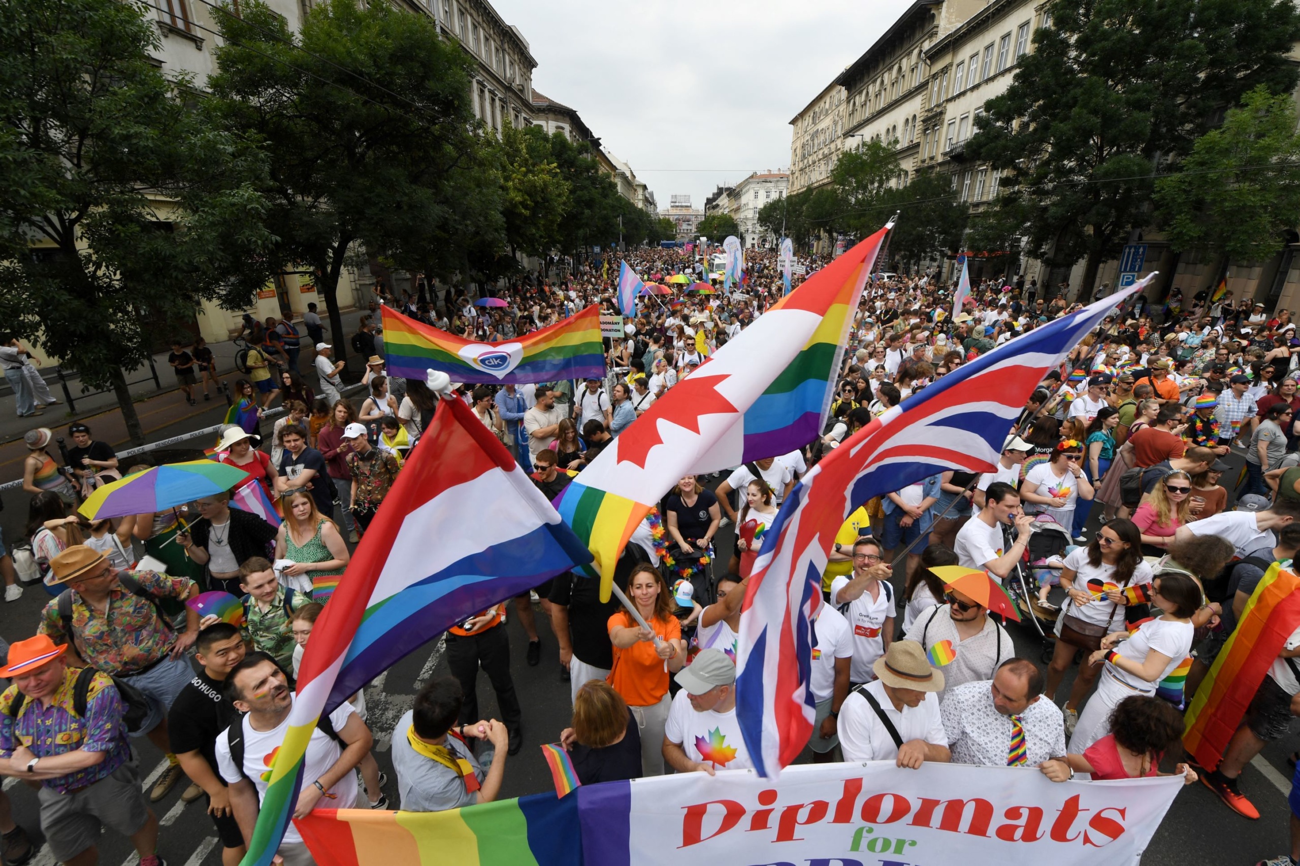 A budapesti felvonuláson nagy számban jelentek meg támogató cégek, illetve nagykövetségek képviselői is.