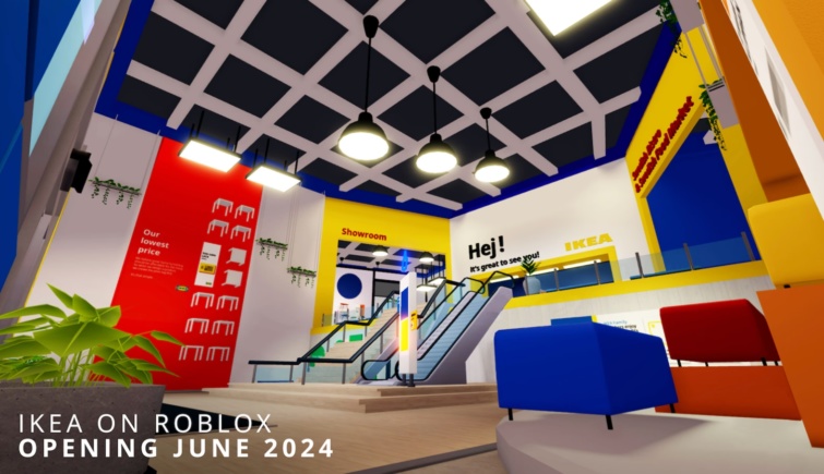 A Roblox és az Ikea közös kampányának új plakátja, középen egy Roblox karakter az ikeai színeiben